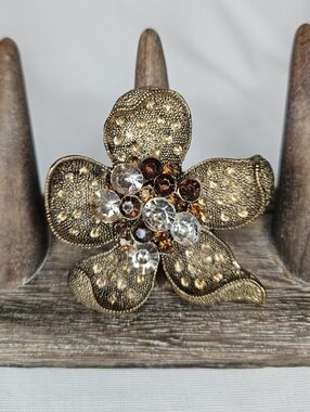 Antiqued Gold Tone Rhinestone Flower Stretch Ring - Smoked Topaz Boho Statement
